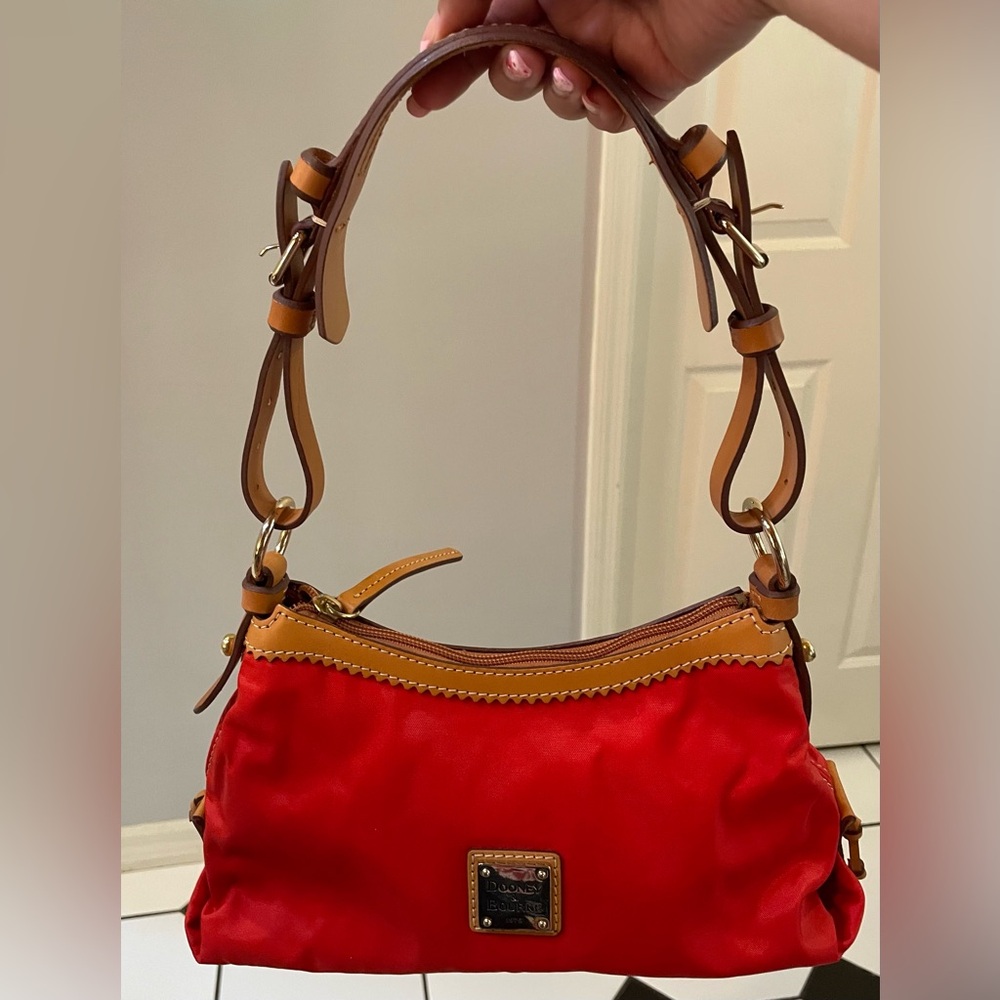 Dooney & Bourke Red Nylon Brown Leather Trim/Strap Hobo Shoulder Bag